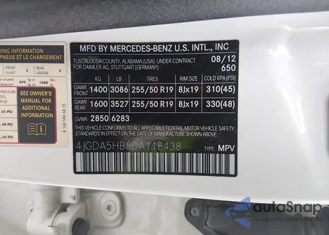 2013 Mercedes-Benz Ml 350 4Matic z USA, uszkodzony, nr VIN 4JGDA5HB8DA118438